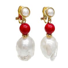 This pair of Baroque pearls with red bamboo coral clip-on earrings, perfect for adding a touch of elegance to any outfit. Golden plated brass findings from Japan. The unique and striking Baroque pearls are accented beautifully by the vibrant red bamboo coral, making these earrings a standout addition to your jewelry collection. Whether you're dressing up for a special occasion or adding some glamour to your everyday look, these Baroque pearls with red bamboo coral clip-on earrings are the perfect finishing touch. It will be contained in a nice jewelry box with well packed. Red Pearl Drop Earrings For Formal Occasions, Elegant Red Single Clip-on Earring, Elegant Red Coral Earrings, Red Bamboo, Bamboo Coral, Nice Jewelry, September Birthstone Jewelry, August Birthstone Jewelry, July Birthstone Jewelry