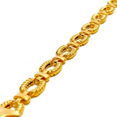 This 22k gold bracelet, weighing 14.8 grams, features a charming and dressy design that exudes elegance and sophistication. The yellow gold finish enhances its luxurious and radiant appearance. Measuring 8.5 inches in length with an additional 0.75 inches of adjustable links, this bracelet is secured with a lobster lock for added safety and convenience. Ideal for those who appreciate refined beauty and exquisite craftsmanship, this stunning bracelet is a standout addition to any jewelry collecti Classic 22k Gold Bracelets For Formal Occasions, Luxury 22k Gold Bracelet For Formal Occasions, Classic 22k Gold Bracelet For Formal Occasions, Luxury 22k Gold Formal Bracelet, Formal 22k Yellow Gold Chain Bracelet, Formal Gold-plated Oval Link Bracelet, Elegant 22k Gold Bracelet For Formal Occasions, Elegant 22k Gold Jubilee Bracelet, Formal 22k Gold Bracelets