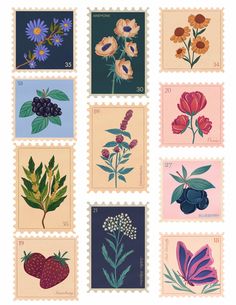 stamps with flowers and plants on them are printed in different colors, shapes and sizes