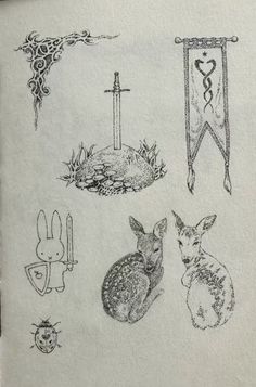 some animals are drawn on a piece of paper with an arrow and cross in the background