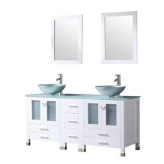 two sinks with mirrors above them in front of a white wall mounted cabinet and mirror