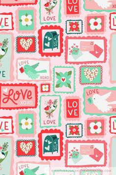 a pink and green wallpaper with birds, hearts, flowers and love stamps on it