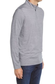 A sporty front-zip tops this heathered pullover designed with comfy stretch for easy weekend movement. 28 1/2" length (size Medium) Mock neck 70% polyester, 23% cotton, 7% elastane Machine wash, tumble dry Imported Men's Clothing Pullover Designs, Nordstrom, Mens Outfits, Clothes