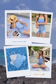 three pictures of a woman in blue and white clothing sitting on rocks near the ocean