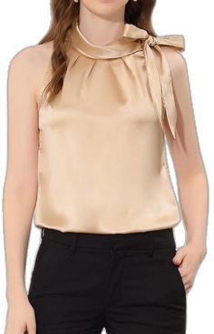 Chic Sleeveless Top With Satin Finish, Elegant Sleeveless Blouse With Bow, Elegant Satin Top With Bow, Elegant Satin Top With Bow Detail, Formal Sleeveless Top With Bow, Elegant Sleeveless Satin Top, Sleeveless Satin Blouse For Work, Satin Tie Neck Top For Workwear, Fitted Tops With Satin Bow