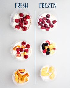 four small bowls filled with fruit and yogurt