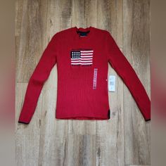 Nwt Polo Jeans Ralph Lauren Women’s M Usa Flag Knit Cotton Red Sweater Slim And Short. Looks Small But Stretches Very Well Red Knitted Long Sleeve Tops, Fitted Red Crew Neck Sweater, Red Knit Tops For Winter, Red Fitted Long Sleeve Sweater, Red Cotton Cable Knit Sweater, Red Cable Knit Cotton Sweater, Red Fitted Sweater For Fall, Fitted Red Sweater For Fall, Red Cable Knit Tops