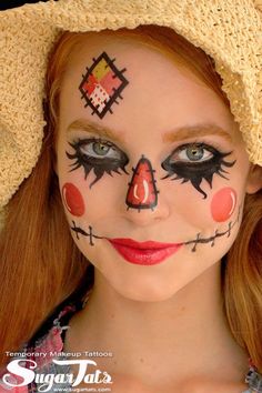 Scarecrow Face Tattoos by SugarTats Temporary Makeup Tattoos Halloween Face Tattoos, Diy Scarecrow Costume, Scarecrow Halloween Makeup, Scarecrow Makeup, Diy Scarecrow, Halloweenský Makeup, Halloween Make-up Looks, Scarecrow Face, Scarecrow Costume