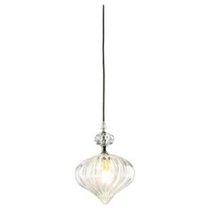 a clear glass light hanging from a ceiling fixture with a black cord and an acrylic bulb