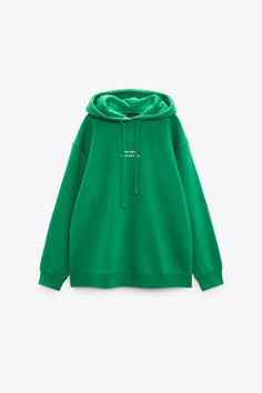 TEXT PRINT HOODED SWEATSHIRT - Green | ZARA United States Oversized Sporty Sweater With Drawstring Hood, Oversized French Terry Sweatshirt With Drawstring Hood, Spring Fleece Sweater With Drawstring Hood, Cotton Fleece Sweatshirt With Drawstring Hood, Long Sleeve Cotton Fleece Hoodie With Drawstring, Cotton Fleece Hoodie With Ribbed Cuffs, Spring Letter Print Hoodie Sweater, Long Sleeve Cotton Fleece Sweatshirt With Drawstring Hood, Hooded Cotton Fleece Hoodie With Ribbed Cuffs