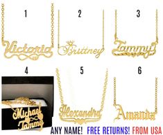 Premium Quality 100% Free Shipping 100% Free Returns No Restock Fee! <3 ORDER INSTRUCTIONS 1. Choose which style nameplate you desire from the 9 available! 2. During Checkout, please provide us with the NAME and CHAIN LENGTH that you desire! 3. IT'S THAT SIMPLE! All order are handmade! If you would like for your nameplate to be made in a Silver Tone, we can do that as well! Just let us know during checkout in the  PAYMENT INSTRUCTIONS We accept payment by any of the following methods: - PayPal or any Major Credit Card Provider Please pay as soon as possible after winning an auction, as that will allow us to post your item to you sooner! SHIPPING We offer FREE shipping on all orders! Once we receive your payment and desired personalization, we will begin to work on your order ASAP! Due to t Name Chains Necklace Gold, Name Chains, Name Pendant, Fashion Jewelry Necklaces, Name Plate, Chain Length, Fashion Watches, Chains Necklace, Jewelry Necklace Pendant