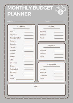 a printable budget planner with the words, month and year on it's side