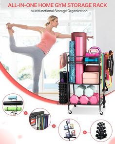 a woman doing yoga in front of a rack full of gym equipment and accessories, with the text all - in - one home gym storage rack