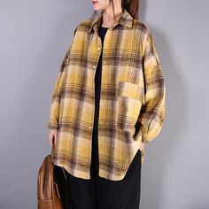 Brushed Long Sleeve Plaid Shirt 2019 New December One Size Yellow Fall Shirt With Relaxed Fit And Casual Collar, Oversized Yellow Tops With Pockets, Vintage Shirt With Casual Collar For Fall, Vintage Casual Collar Shirt For Fall, Oversized Yellow Top With Pockets, Yellow Tops With Pockets For Fall, Yellow Fall Tops With Pockets, Casual Long Sleeve Yellow Shirt, Casual Yellow Long Sleeve Shirt