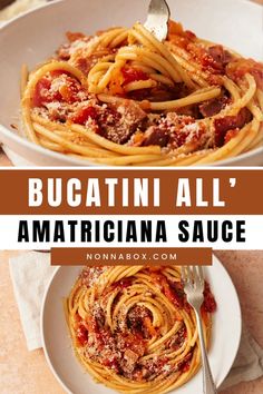 spaghetti sauce in a white bowl with the words, bucatini all'amatricianna sauce