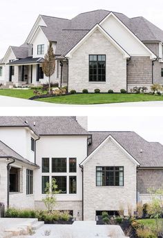 two different shots of a house with the same roofing material on each one side