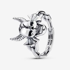 Keep your friends close and your demons closer with the Stanger Things Hellfire Club Ring. Finished by hand, the eye-catching piece features the Hellfire Club emblem – a horned demon head, which stands for togetherness, friendship and loyalty. The inside of the band features an engraving that reads “ROLL FOR YOUR LIFE” and the outside part is highlighted with bold, decorative links connected with a bar. Style with your other meaningful favourites or gift to the Stranger Things fan in your life. Horned Demon, Stranger Things Hellfire Club, The Hellfire Club, Stranger Things Hellfire, Custom Charm Bracelet, Gold Inspiration, Hellfire Club, Heart Promise Rings, Rose Gold Plated Ring