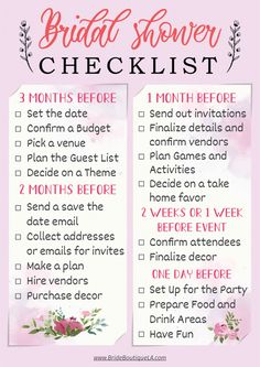 a bridal shower checklist with pink flowers