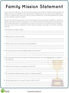 the family mission statement is shown in this printable worksheet for parents and children