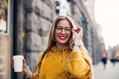 Women Laughing, Coffee To Go, Yellow Sweatshirt, Inspirational Quotes About Love, Independent Women