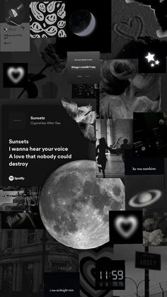 black and white collage with the moon in the sky, stars, hearts, and other things