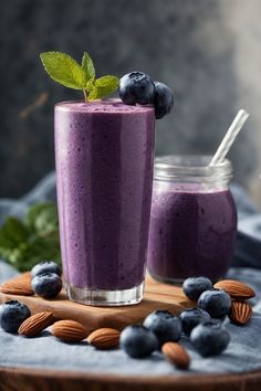 two glasses filled with blueberry smoothie and almonds