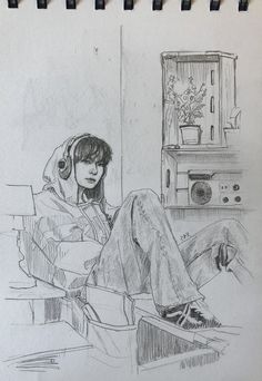 a pencil drawing of a person sitting on a couch with headphones in their ears