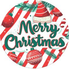 merry christmas with ornaments and bells on red and white striped background, surrounded by evergreen branches