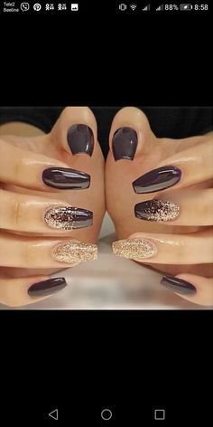 Nail Art Designs Glitter Sparkle, Nails For Vegas Trip Glitter, New Years Nails 2023 Trends Black, Mob Wife Nails 2024, New Eve Nails, Party Nails New Years Eve Sparkle, Brown And Gold Nails Designs, New Yrs Nails, Glitterbels Nails