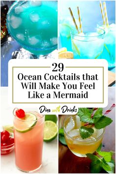 Collage of 4 ocean cocktails. Beach Themed Cocktails, Beach Themed Drinks Cocktails, Sea Themed Cocktails, Ocean Themed Cocktails, Ocean Water Cocktail Recipe, Under The Sea Cocktails, Ocean Cocktail Drinks, Mocktail Names, Ocean Theme Cocktail