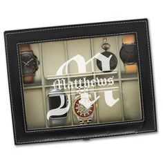 "This personalized watch case is the perfect gift for that special 'watch lover' in your life. This classy, black, brown, rosewood or distressed wood watch storage box makes the perfect groomsmen gift, birthday gift, wedding gift, wedding party gift or any special occasion gift. Choose from either a 6 slot case or a 10 slot case. 10 Slot Watch Box measures 10\" x 8\" x 3\" 6 Slot Watch Box Measures 8\" x 6.5\" x 3 Please contact me if you would like a listing of 6 or more at a discounted price! Black Rectangular Watch Accessories With Date Display, Father's Day Gift Brown Watch Accessories, Rectangular Black Watch As A Gift, Black Rectangular Watch For Gift, Rectangular Black Watch As Gift, Black Rectangular Watch As Gift, Modern Customizable Watch Accessories For Gift, Modern Customizable Watch Accessories As Gift, Customizable Black Watch As A Gift