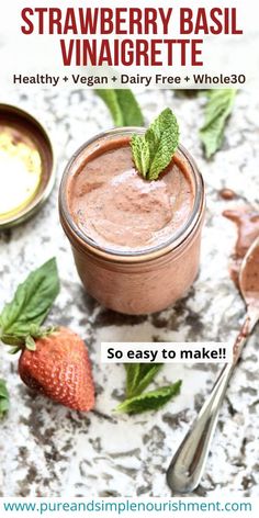 This is the best strawberry basil vinaigrette recipe. It's so quick and easy to make and is made with fresh strawberries, balsamic vinegar, mint leaves and basil leaves to give it the perfect flavour. This salad dressing is also healthy, gluten free, dairy free, paleo, Whole30 and vegan!