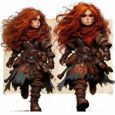 a drawing of a woman with red hair wearing armor and holding two swords in her hands