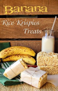 bananas and rice krispies are sitting on a table next to a glass of milk