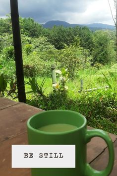 a green coffee cup sitting on top of a wooden table next to a lush green forest