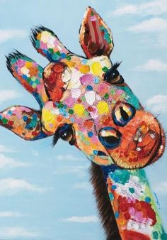 a painting of a giraffe with colorful spots on it's face