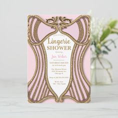 a pink and gold bridal shower card with an angel wings design on the front