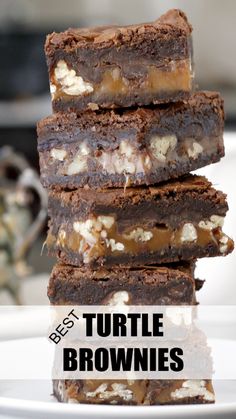 four brownies stacked on top of each other with the words best turtle brownies