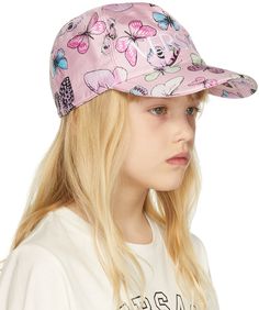 Silk twill cap in pink featuring graphic pattern in multicolor. Logo embroidered in white at face. · Curved brim · Elasticized strap at back · Fully lined Supplier color: Multi Size: Age x Head Circumference XS: 3-18M, 16.5-18 / 42-46 cm S: 18-36M, 18-19.5 / 46-50 cm M: 4-8Y, 19.5-21 / 50-53 cm L: 10-14Y, 21-22 / 53-56 cm Silk Twill, Pink Butterfly, Graphic Patterns, Logo Embroidered, Baby Pink, Baby Shop, Versace, Silk, Pink