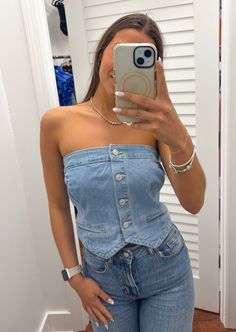 Denim Strapless Button-Up Crop Top 72% COTTON 24% POLYESTER 3% RAYON 1% SPANDEX Hair Accessories Gift, Light Denim, Dress Romper, Winter Sale, Hat Hairstyles, Denim Button Up, Button Up, Crop Top, Rompers