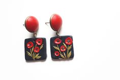 Red poppies earrings, Clay earrings, red and black dangle polymer clay earrings, Statement earrings FEDEX priority shipping takes: 2-3 WORKDAYS ( USA ). These are unique, handmade, polymer clay earrings with spring poppies motifs. These beautiful earrings are pieces of original and unique artwork. The method is known as 'appliqued technique'. Using tiny pieces of clays and a sharp needle. I don't use molds to prepare my jewelry. Each small parts of the motifs are made by hand and placed one by o Hand Painted Red Polymer Clay Earrings, Red Hand Painted Polymer Clay Earrings, Red Polymer Clay Earrings, Earrings For Mom, Earring Inspo, Spring Market, Earrings Clay, Earrings Red, Colorful Earrings