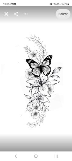 a black and white drawing of a butterfly on flowers with leaves in the background,