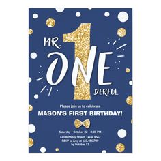 a blue and gold first birthday party card with the number one on it's front