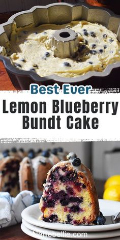 the best ever lemon blueberry bundt cake is ready to be eaten and served