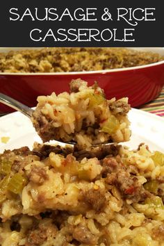 sausage and rice casserole on a plate with a fork