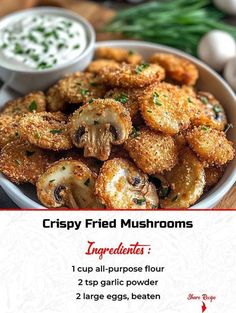 crispy fried mushrooms in a bowl with dipping sauce