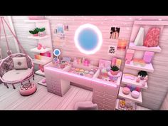 a room filled with lots of pink furniture and accessories on shelves next to a window