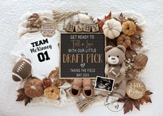 a baby announcement surrounded by fall leaves and other items