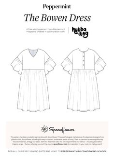 the sewing pattern for peppermint's dress is shown in black and white