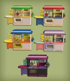 four different types of toy food trucks are shown in this image, each with its own kitchen